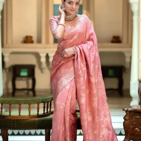  Woven, Embellished Kanjivaram Silk Blend, Jacquard Saree