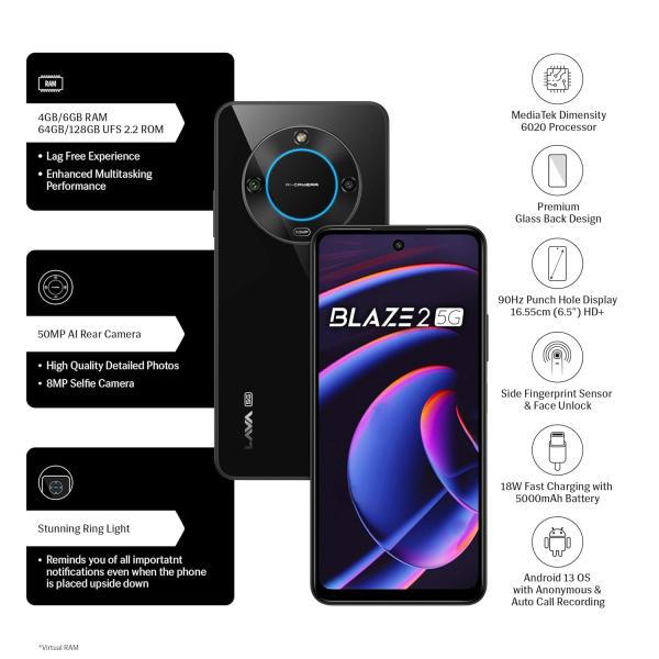 Lava Blaze 2 5G (Glass Black, 6GB RAM, 128GB Storage)| Stunning Ring Light| 50 MP AI Camera |5000 mAh Battery| Upto 12 GB Expandable RAM