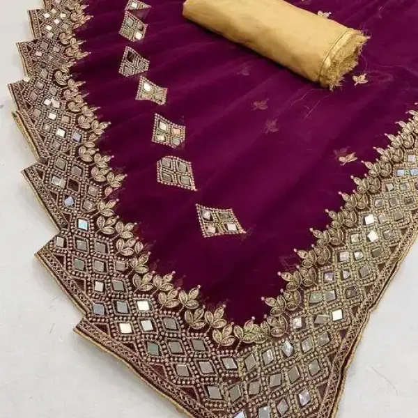 HEAVY KAJU DESIGN EMBROIDERY WORK WITH MIRROR SAREE