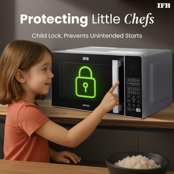 IFB 24L Solo Microwave Oven with 69 Auto Cook Menus (24PM2S Silver Mug Recipes Steam Clean Auto Reheat Preset Timer Power Save Child Safety Lock 10 Power Levels)
