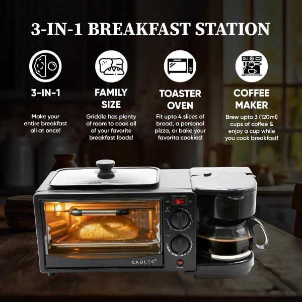 Cadlec MultiChef Pro 3 in 1 Breakfast Maker With Oven Toaster Griller, Coffee Maker, Frying Pan | Adjustable Temperature & Timer, Bake, Grill & Toast- Black