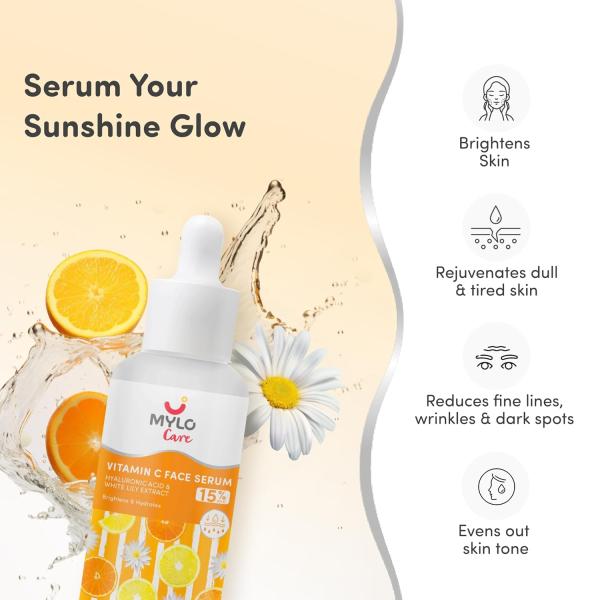 Mylo 15% Vitamin C Face Serum with Hyaluronic Acid & Daisy Flower Extract | Brightens Skin | Reduces Fine Lines, Wrinkles & Dark Spots