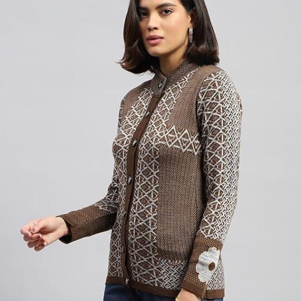 Monte Carlo Womens Self Design Round Neck Full Sleeve Cardigan