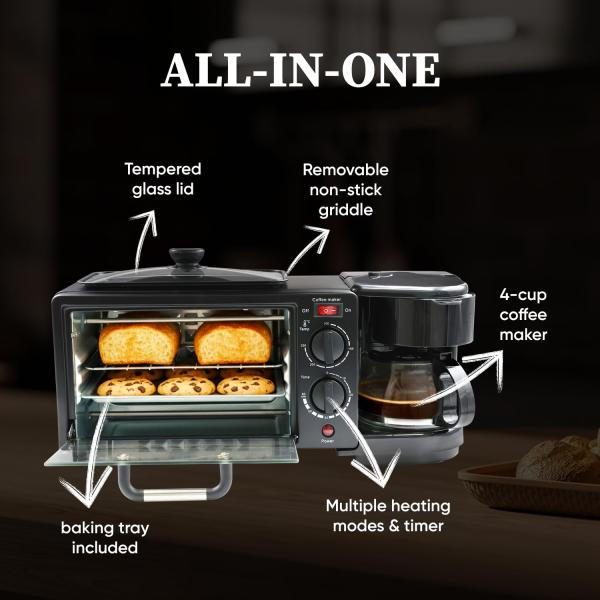 Cadlec MultiChef Pro 3 in 1 Breakfast Maker With Oven Toaster Griller, Coffee Maker, Frying Pan | Adjustable Temperature & Timer, Bake, Grill & Toast- Black
