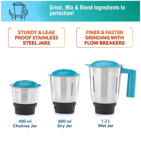 USHA Rapidmix 500-Watt Copper Motor Mixer Grinder With 3 Jars And 2 Years Product Warranty & 5 Years Motor Warranty (Sea Green/White), 500 Watt