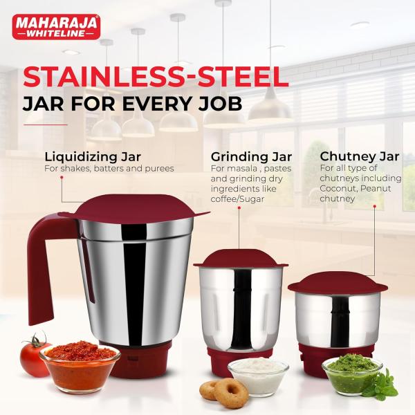 Maharaja Whiteline 500W Livo Pro Mixer Grinder with 3 Stainless Steel Jars with lid and 20,000 RPM Motor Speed (White & Cherry Red)