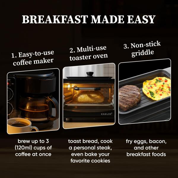Cadlec MultiChef Pro 3 in 1 Breakfast Maker With Oven Toaster Griller, Coffee Maker, Frying Pan | Adjustable Temperature & Timer, Bake, Grill & Toast- Black