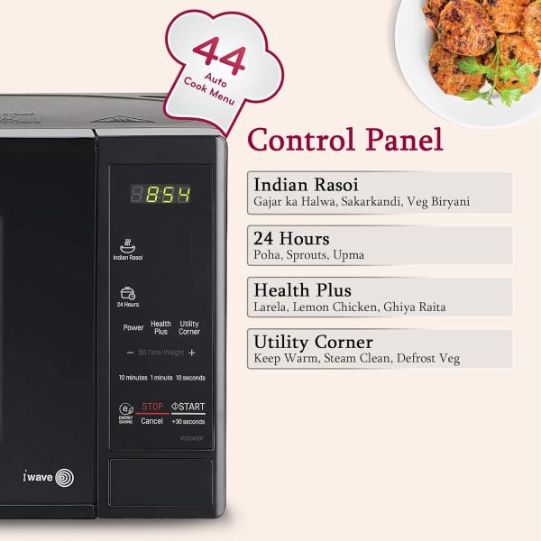 LG 20 L Solo Microwave Oven (MS2043BP Black Health plus Menu I-Wave Technology Indian Cuisine Even Reheat & Defrost Auto Cook Menu Anti-Bacterial Cavity & Steam Clean)