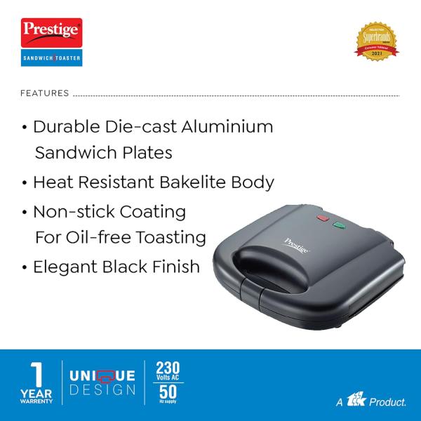 Prestige PGMFB 800 Watt Grill Sandwich Toaster with Fixed Grill Plates, Black