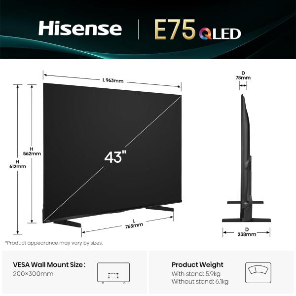 Hisense 108 cm (43 inches) E75Q Series 4K Ultra HD Smart 48W Speakers QLED TV 43E75Q (Black)