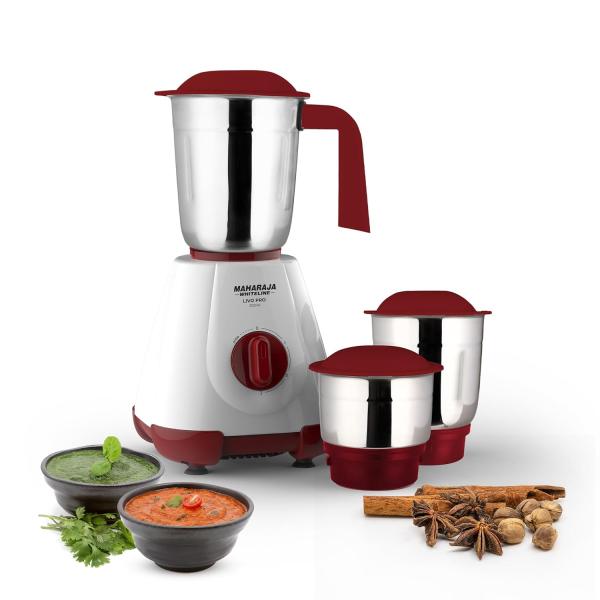 Maharaja Whiteline 500W Livo Pro Mixer Grinder with 3 Stainless Steel Jars with lid and 20,000 RPM Motor Speed (White & Cherry Red)