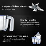 Prestige Iris 750 Watt Mixer Grinder with 3 Stainless Steel Jar + 1 Juicer Jar (White and Blue)