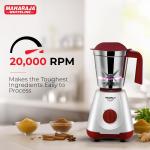 Maharaja Whiteline 500W Livo Pro Mixer Grinder with 3 Stainless Steel Jars with lid and 20,000 RPM Motor Speed (White & Cherry Red)