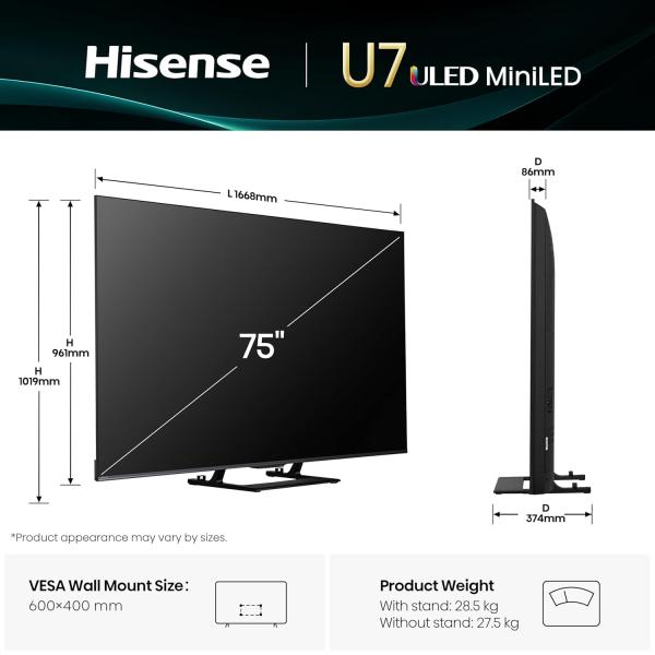 Hisense 189 cm (75 inches) U7Q Series 4K Ultra HD Smart QLED Mini LED TV 75U7Q (Black)