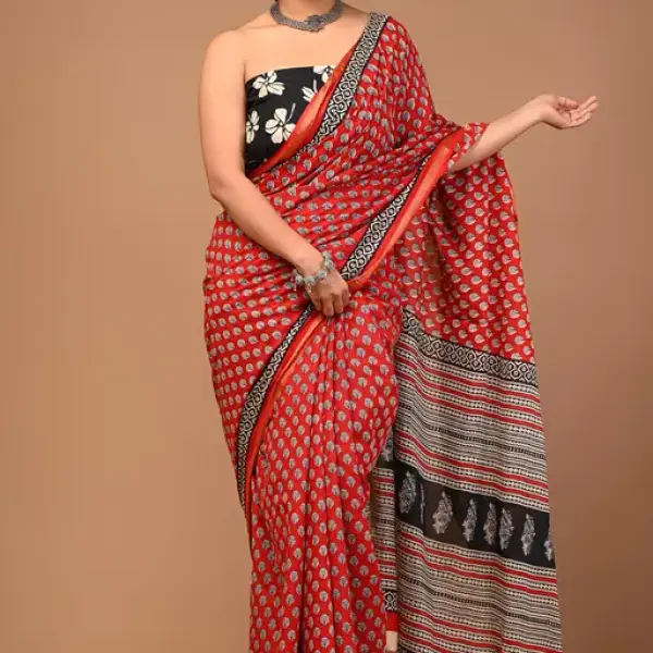  Premium quality soft zari cotton mulmul vanaspati Ajrakh printed saree