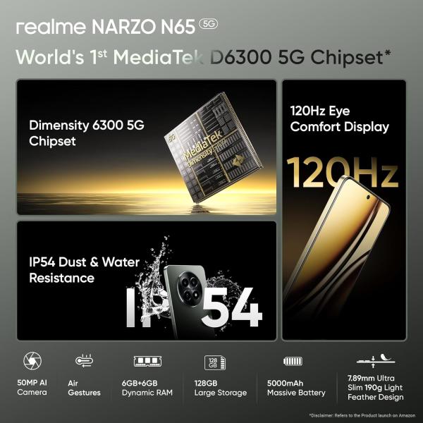 realme NARZO N65 5G (Deep Green 8GB RAM, 128GB Storage) India's 1st D6300 5G Chipset | Ultra Slim 190g Design | 120Hz Eye Comfort Display | 50MP AI Camera| Charger in The Box