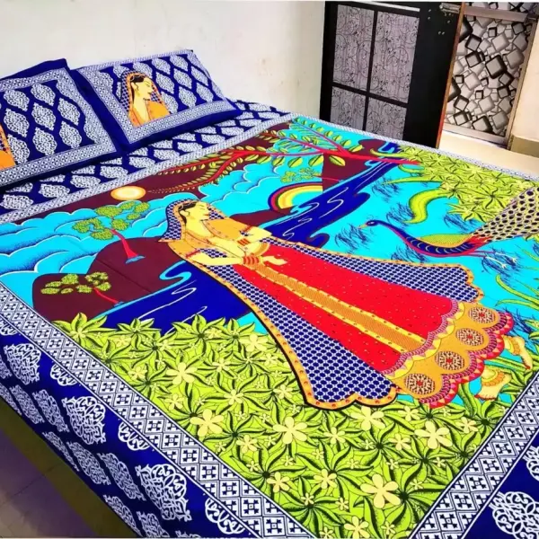 Cotton Double Jaipuri Prints Bedsheet (Pack of 1, Blue)