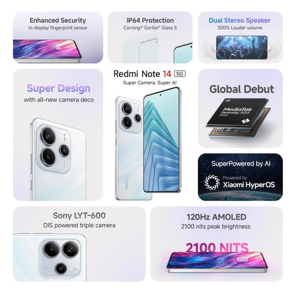 Redmi Note 14 5G (Mystique White, 8GB RAM 128GB Storage) | Global Debut MTK Dimensity 7025 Ultra | 2100 nits Segment Brightest 120Hz AMOLED | 50MP Sony LYT 600 OIS+EIS Triple Camera