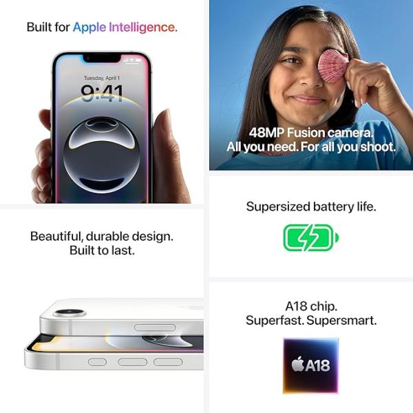 iPhone 16e 128 GB: Built for Apple Intelligence, A18 Chip, Supersized Battery Life, 48MP Fusion. Camera, 15.40 cm (6.1″) Super Retina XDR Display; White