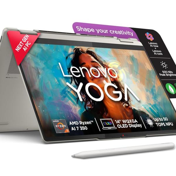 Lenovo Yoga7 2-in-1 AMD Ryzen AI 7 350(24GB RAM/1TB SSD/14 (35.5cm)/WUXGA OLED/50 Tops NPU/Copilot+ PC/Windows 11/Office Home 2024/Yoga Pen/1Yr ADP/Seashell/1.38Kg)