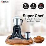 ACTIVA ABS Super Chef 900 Watts Powerful Motor Mixer Grinder for Chutney, Juice and Shakes With 4 Jars, Fast Grinding for Wet & Dry Ingridients, Stainless Blade, 2 Years Warranty - Black