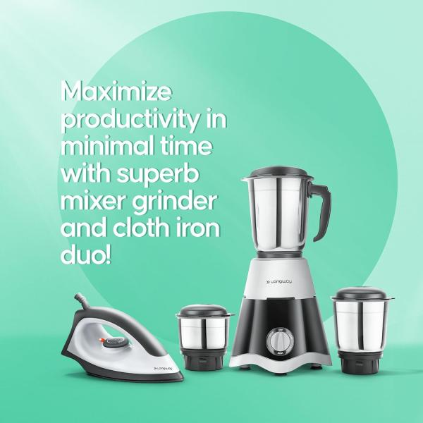 Longway Super Dlx 700 Watt Mixer Grinder with 3 Jars for Grinding, Mixing with Powerful Motor & Kwid 1100 Watt Dry Iron