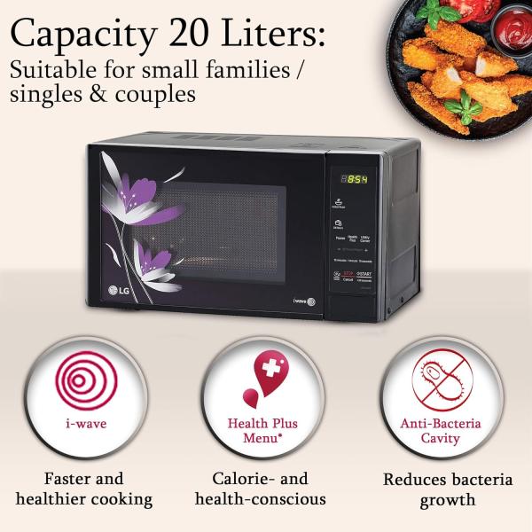 LG 20 L Solo Microwave Oven (MS2043BP Black Health plus Menu I-Wave Technology Indian Cuisine Even Reheat & Defrost Auto Cook Menu Anti-Bacterial Cavity & Steam Clean)