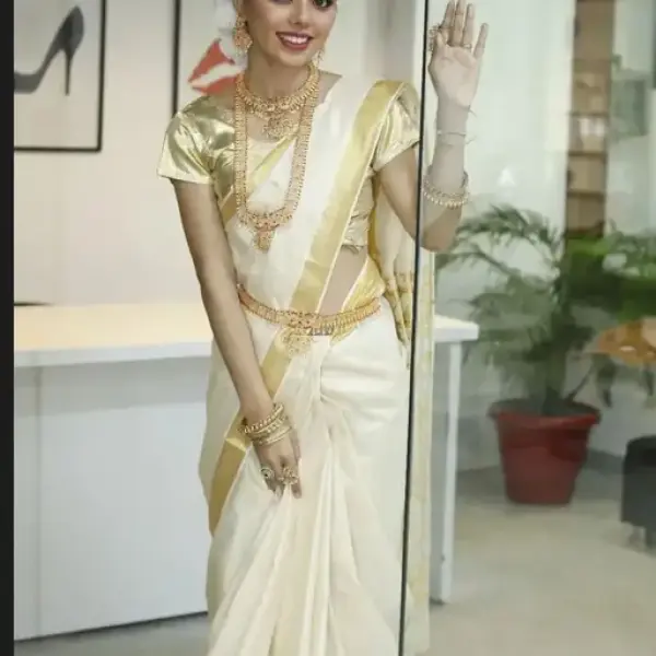  Kerala Kasavu Pure Cotton White Cream Saree