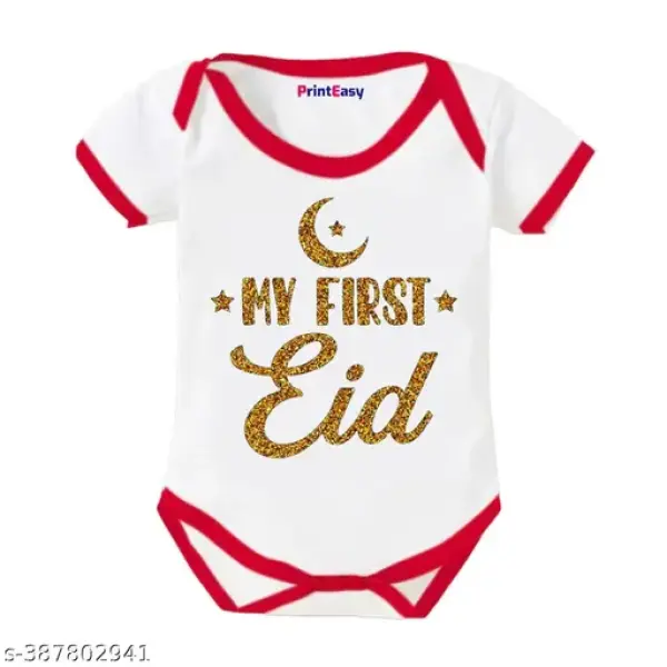 My 1st Eid Printed Cotton Red and White Romper for Baby Boys & Girls