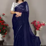 Silk Blend Navy Blue Striped Saree