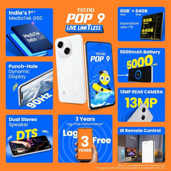 Tecno POP 9 (Glittery White, 3GB+64GB) |India's 1st Mediatek G50 | IP54 Rated | IR Remote | Dual Speaker with DTS | 36 Month Lag Free Fluency | 15W Fast..