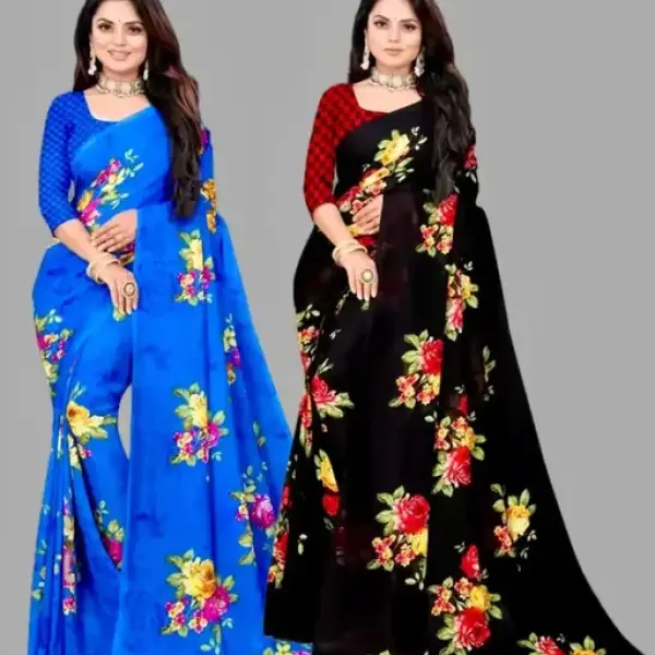  Combo Floral Sarees, Set of 2, Georgette Printed Sarees