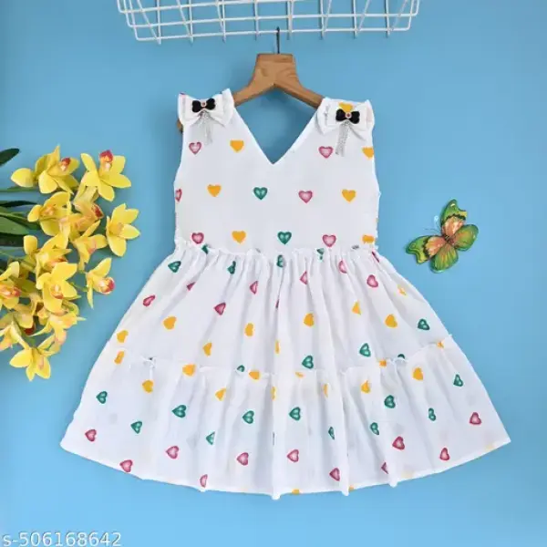 White Sleeveless Girls Frock with Multicolor Heart Prints and Bow Detailing