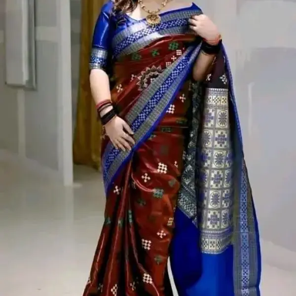  Maroon Sambhalpuri Patta Silk Saree with Royal Blue Zari Pallu