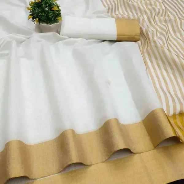  Kasavu Cotton Blend White Saree