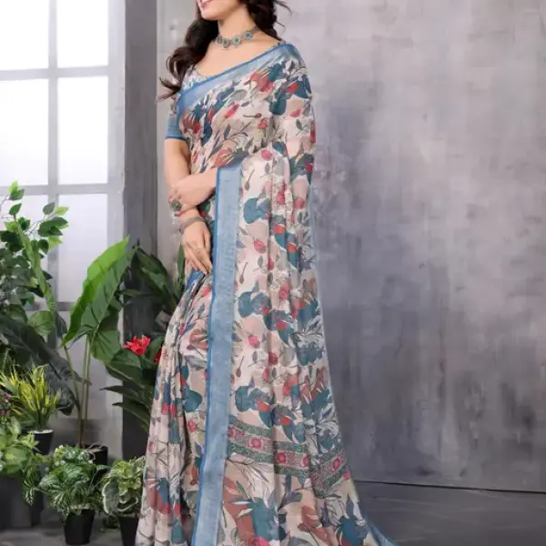 Floral linen cotton printed saree