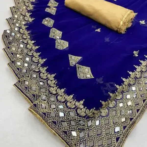 HEAVY KAJU DESIGN EMBROIDERY WORK WITH MIRROR SAREE.
