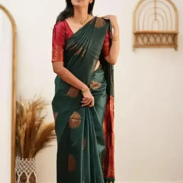  Green Red Floral Print Banarasi Cotton Silk Saree