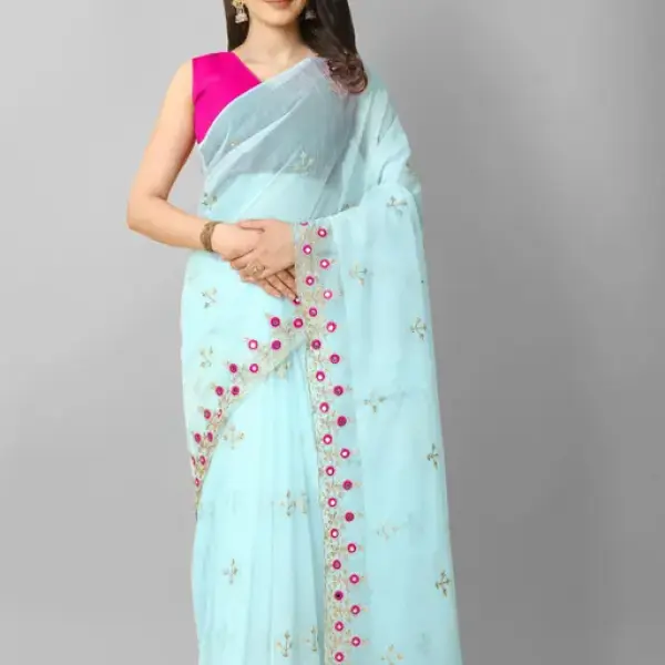 Super net fabric embroidery and mirror work sari with blouse