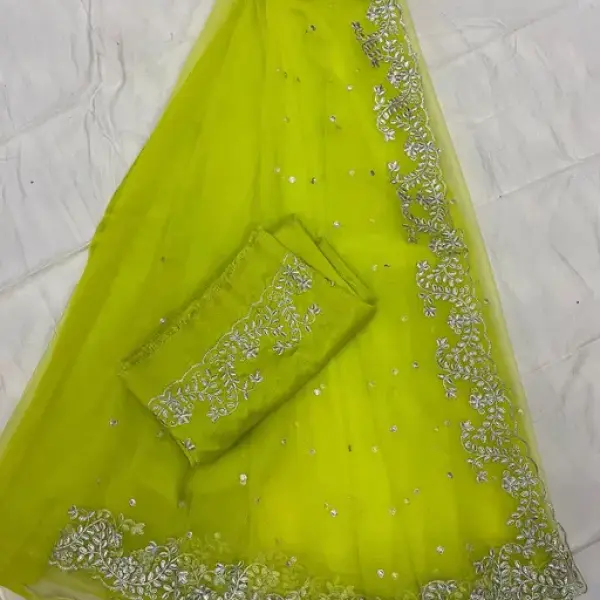 Assam Silk Net Yellow Beads & Stones Saree