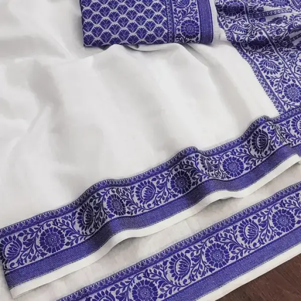 White/Blue Cotton Silk Saree