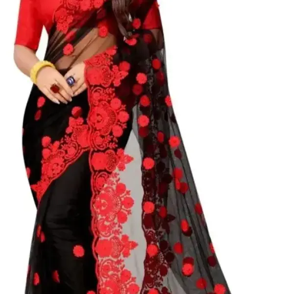 Stylish Net Embroidered Saree with Blouse piece