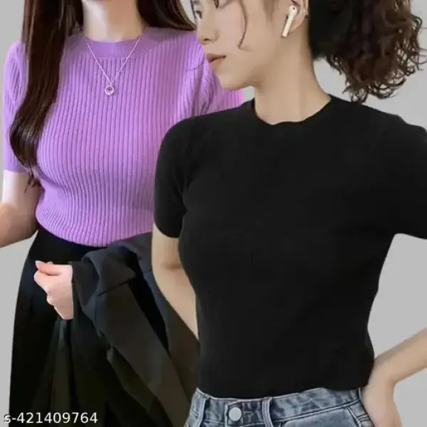 Women Round Neck Half Sleeve Casual Wear Rib Crop Top Pack Of 2