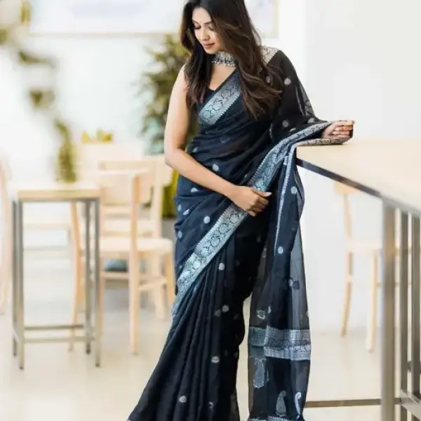  Woven Kanjivaram Black soft Cotton Saree