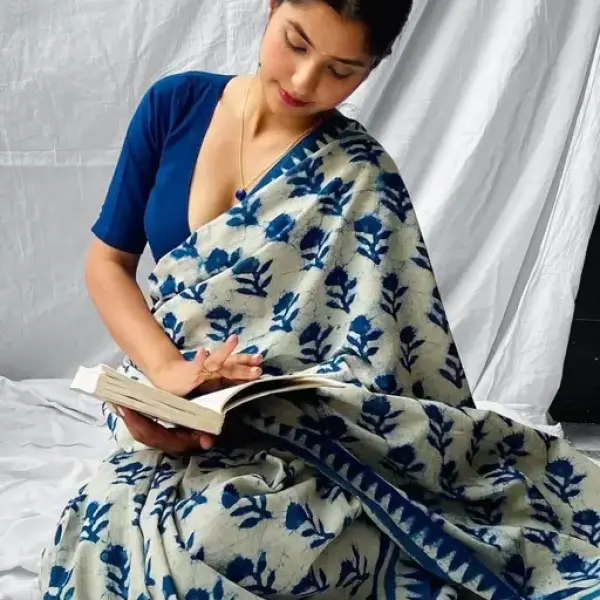  Bagru Hand Block Pure 100% Cotton Mulmul Fabric Soft Saree