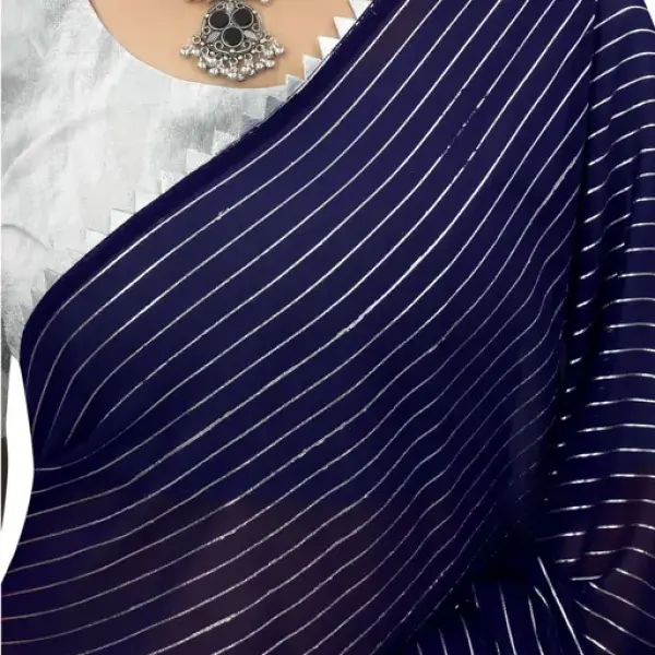 Silk Blend Navy Blue Striped Saree