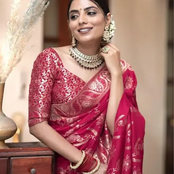  Woven, Embellished Kanjivaram Silk Blend, Jacquard Saree