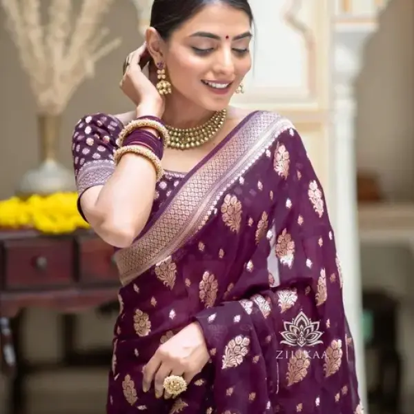  Jacquard Gold Zari Woven Litchi Silk Traditional Soft Banarasi Saree