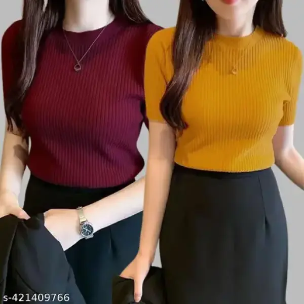 Women Round Neck Half Sleeve Casual Wear Rib Crop Top Pack Of 2