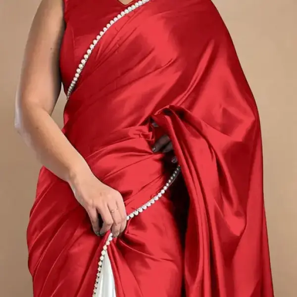  Womens Red Japan Satin Half Half Designer Border Saree